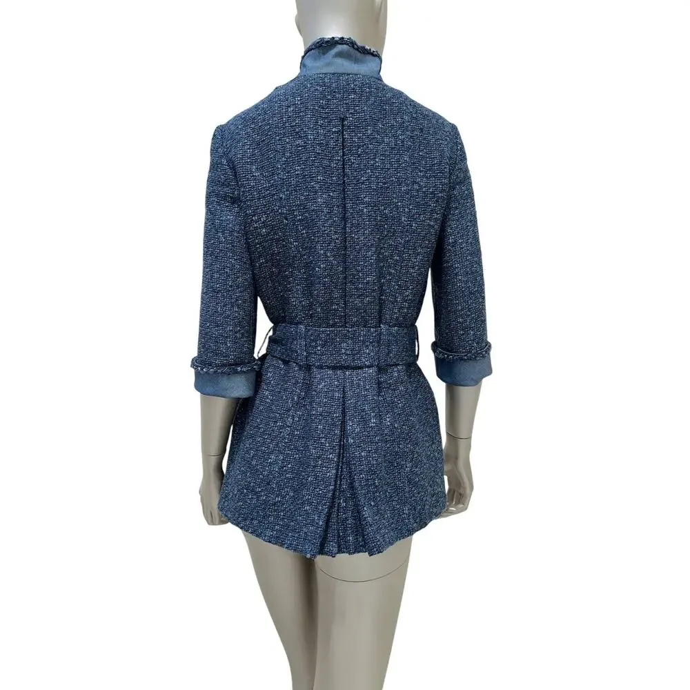 Chanel Spring 2012 Blue Tweed & Denim Belted Jacket FR 38